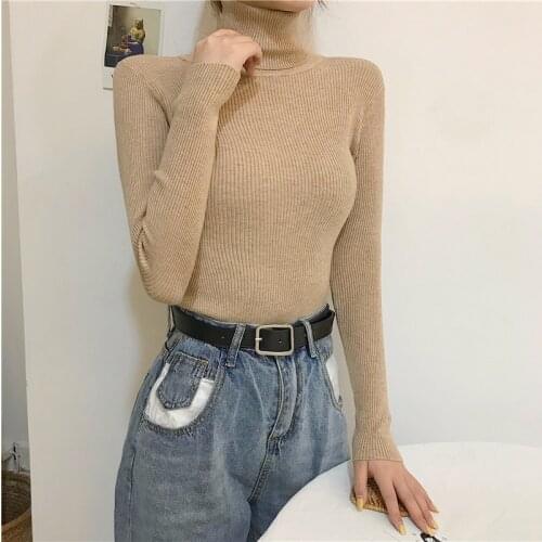 Slim Sweater Women Streetwear Long Sleeve Stretchable Pullover Turtleneck Brown Knitted Top Black Female Clothing Winter 2021