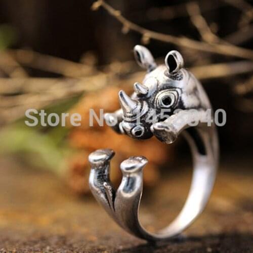 Wholesale Adjustable Retro Rhino Ring Animal Ring Antique Silver tone Jewelry Free Size gift idea free ship-12pcs/lot