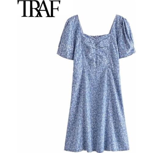 TRAF Women Chic Fashion Floral Print Fitted Mini Dress Vintage Puff Sleeve Back Zipper Female Dresses Mujer