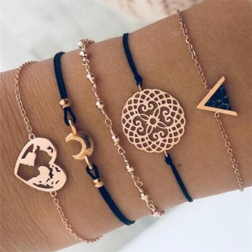 Woozu Bohemian Black Triangle Stone Chain Bracelets Bangles For Women Fashion Golden Moon Map Chain Bracelets Jewelry Gifts
