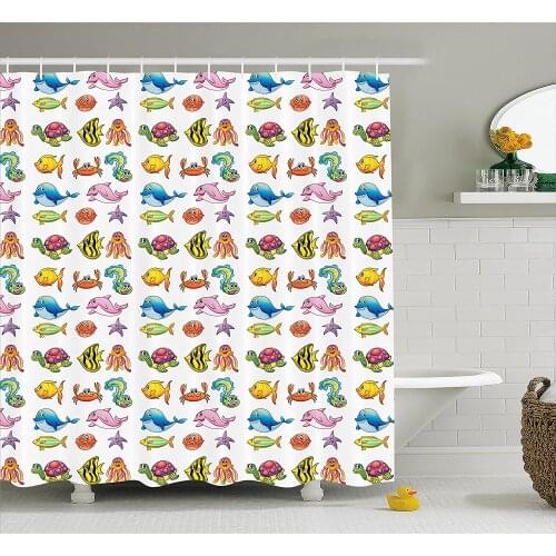 Boys Shower Curtain Happy Fauna of The High Seas Smiling Characters Fishes Turtles Crabs Octopus Starfish Bath Curtains