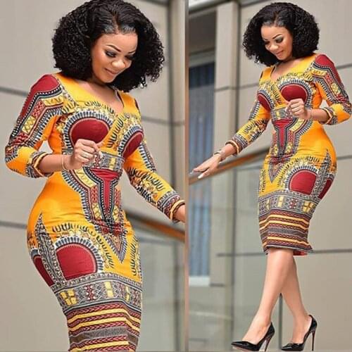 African Style Print Retro 2021 New Dress for Women Elegant Fashion V-neck Bodycon Plus Size Midi Dress Long Sleeves Vestidos