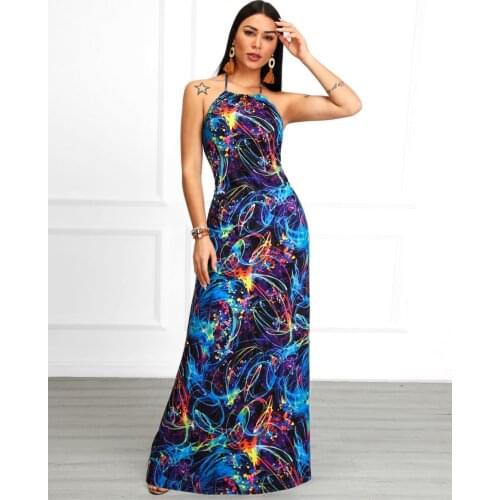 S-XL Women Halter Neck Floral Print Backless Beach Party Maxi Dress
