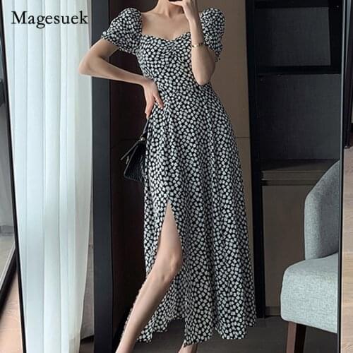 2021 Chic Floral Dress Summer Womens New High Waist A-line Midi Dresses Square Neck Puff Sleeve Long Dress French Style 14880