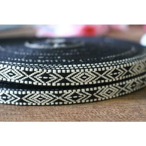 20yards/lots Woven Jacquard Ribbon 1cm black background light beige Geometric quadrangle pattern IS-2839
