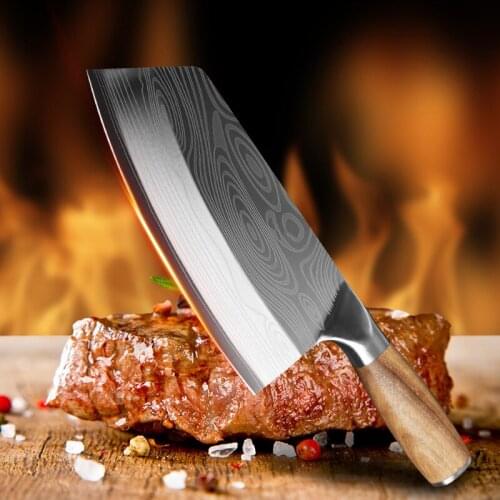 8 Inch Chinese Chef Knife Damascus Laser Pattern Meat Vegetables Sliced Chopping Cleaver Kitchen Knife 40CR13 Stainless Steel