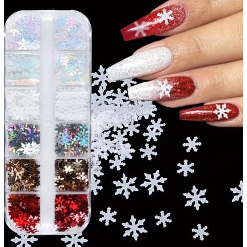 Shiny Snowflake Sequins Nail Art Decoration White Red Silver Flake Nail Art Accessory Kit Icy Style DIY Manicure Design