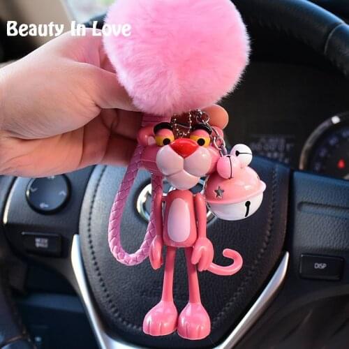Cartoon Pink Panther Leopard Fur Ball PomPom Pom poms Keychain Women Leather Strap Metal Key Ring Chains Car Bag Charm D29