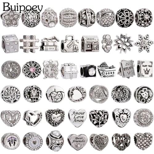 Buipoey Silver Color Round Maternal Love Beaded Heart Charm Fit Snake Chain Bracelets Snowflake Dice Beads Jewelry Accessory
