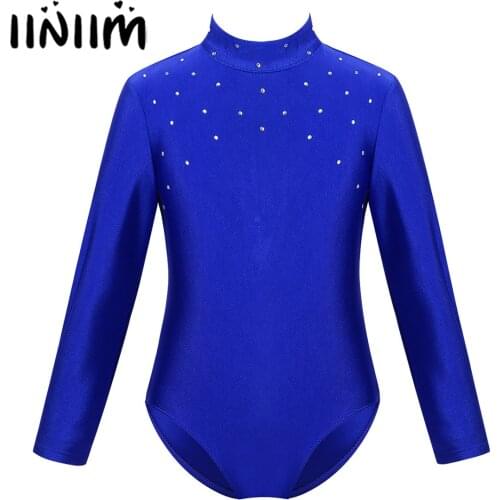 Kids Girls Long Sleeves Sparkly Rhinestone Zippered Back Figure Ice Skating Costumes Ballet Dance Ballerina Gymnastics Leotard