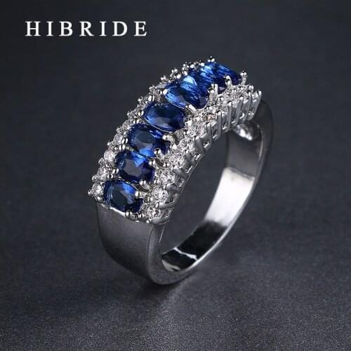 HIBRIDE Brand Clear Blue Cubic Zircon Rings ,White Gold Color Rings for Women Fashion Jewelry Wholesale QSP0010-7