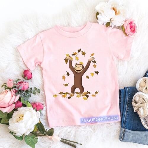 Kawaii girls t-shirts Curious George Cartoon monkey print childrens clothing summer tees girls tshirts pink short-sleeved tops