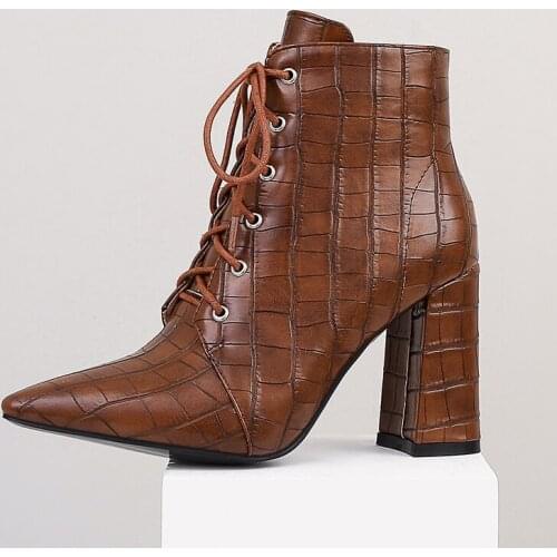 Fashion Women Shoes embossed PU leather Boots Thick heel Vintage Ankle Boots Female Winter bootie Warm Lace-up Shoes Botas 2020