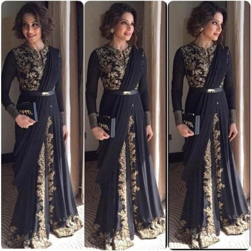 Muslim Arab Black Chiffon Gold Appliques Mother of the Bride Dresses 2016 vestido de festa Long Sleeves Women Party Dresses