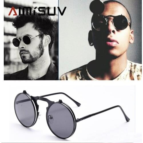 AIMISUV Steampunk Sunglasses men Round Metal Style Retro Flip Circular Double Metal Womens Sun Glasses UV Protection