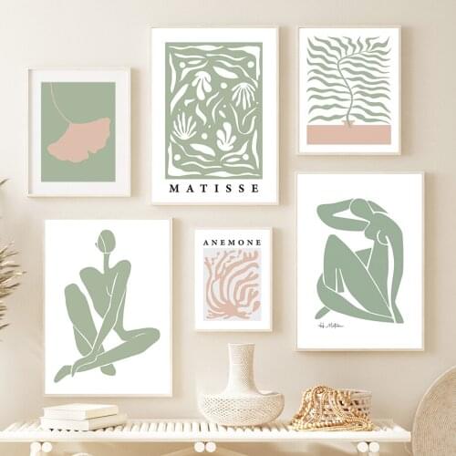 Nordic Poster Abstract Matisse Girl Ginkgo Coral Anemone Leaves Wall Art Print Canvas Painting Decor Pictures For Living Room