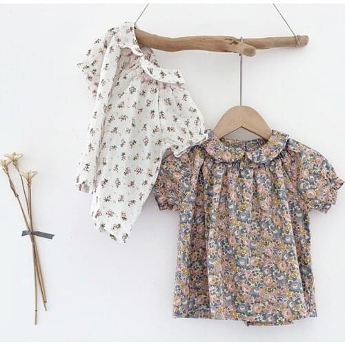 New Summer Korean Style Toddlers Kids Floral Printed Blouses Short Sleeve Tops Baby Girls Princess Shirts