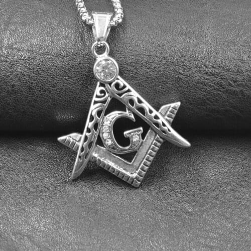 Hip Hop Iced Out Bling Crystal Silver color Masonic Necklaces Pendants Stainless Steel Freemason Collares For Men Accessories