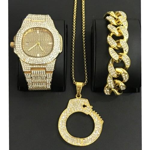 Luxury Men Watch Hip Hop Jewelry Watch & Bracelet & Necklace &Combo Set Pendant Ice Out Cuban Bracelet Bling Rapper Men Jewelry