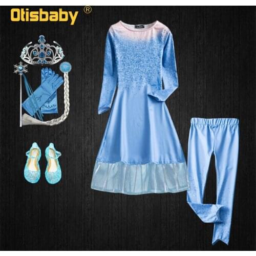 Christmas Girls Elsa Dress Up Snow Queen 2 Light Blue Long Sleeve Dress Leggings Halloween Elsa Costume Child Clothing Set