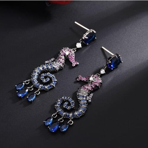 S925 Drop Earrings For Women Novelty Dreamy Zirconium-Inlaid Hippocampus Shape Pendant Drop Earrings Female ofertas relampago202