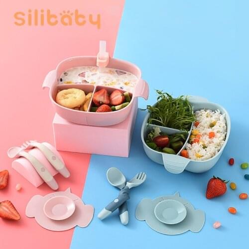 Silibaby 4PCS Silicone bBaby Dinner Plate With Straw Separation Dinner Plate Set Children Tableware Waterproof Suction Cup Bowl