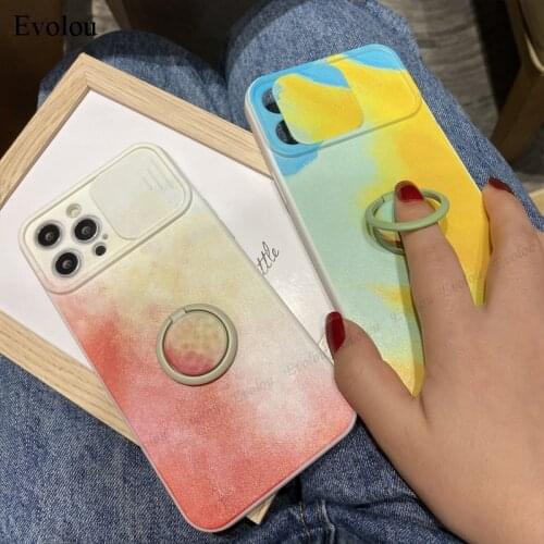 Watercolor Ring Stand Holder Case For iphone 12 Pro Max 11 XR XS Case Slide Camera Protective Silicone Cover For iphone 8 7 Plus