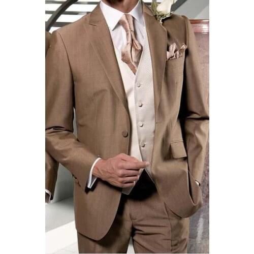 Custom Made Groom Tuxedo Khaki Groomsmen Peak Lapel Wedding/Dinner Suits Best Man Bridegroom (Jacket+Pants+Tie+Vest) B472