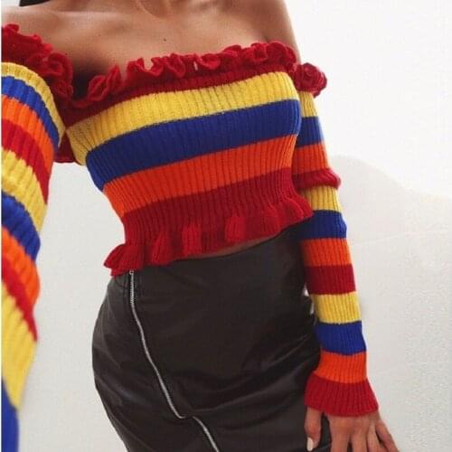 Spring Women Sweatshirt Off Shoulder Crop Top Lady Sweater Rainbow Sexy Pullover Female Jumper Pull Femme Streetwear