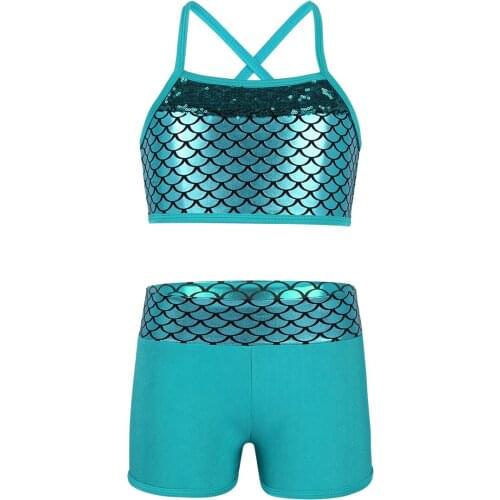 Kids Teens Shiny Sequins Tankini Dancewear Girls Ballet Gymnastics Crop Tops with Shorts Set Stage Performance Dance Costume
