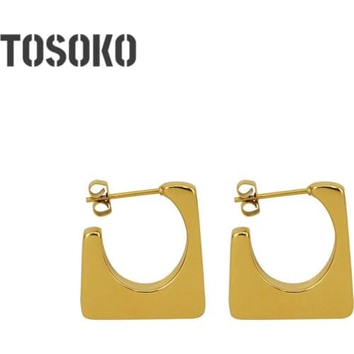 TOSOKO Stainless Steel Jewelry Geometric Square Earrings Female Fashion Hollow Out Round Earrings BSF484