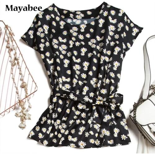 Retro Little Daisy Printed Silk Short-Sleeved T-Shirt With Bowknot Silk Ladies 2021 New Summer Top