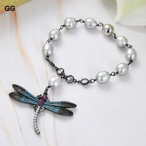 GuaiGuai Jewelry Cultured Gray Rice Pearl Wire Wrapped Bracelet CZ Pave Dragonfly Charm 8"