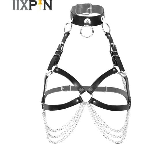 Harness Women Fashion Punk Gothic Harness Belt PU Leather Body Chest Harness Straps Waist Belt With Metal Chain Tassel Clubwear