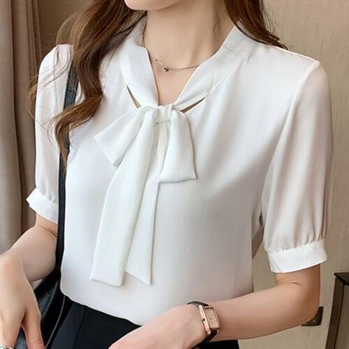 Summer Blouse Women Short Sleeve Bow V-Neck Chiffon White Blouse Shirt Tops Women Blusas Mujer De Moda 2021 Blouses Femme F66