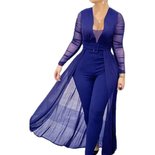 Women Summer Plus Size Deep V-Neck High Waist Long Sleeve Mesh Pacthwork Wide Leg Pant Jumpsuit Romper