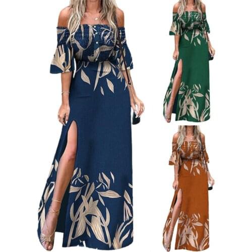 Women Graceful Off Shoulder Floral Print Maxi Dress Elegant High Split Ruched Buttons Dress Sundress for Dating Party