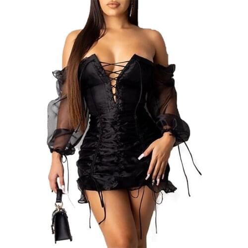 Womens Sexy Off-shoulder Dress Fashion Casual Strapless Long Sleeve Bodycon Tight High Waist Lace-up Mini Dress