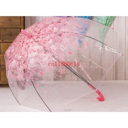 40pcs/lot Free Shipping Clear Umbrella Fashion Transparent Cherry Blossom Women Rain Umbrella Sakura Long Handle Umbrellas