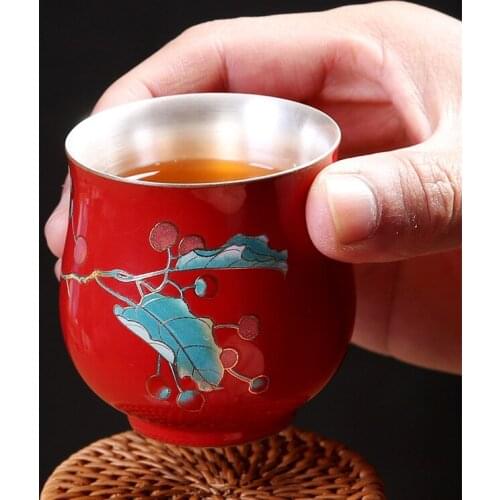 1pcs Gilt 999 Silver Cup Single Kung Fu Tea Cup Jingdezhen Ceramic Grilled Flower Gold Foil Teacup