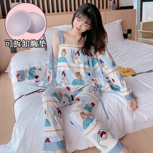 2020 Autumn 3PCS Sexy Long Sleeve Kimono Pajama Sets Women Sleepwear Suit Pyjamas Homewear Pijama Mujer Loungewear Home Clothes