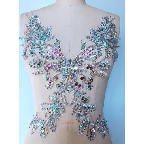 A211 38*21cm handmade crystal patches trim sew on clear AB colour rhinestones applique for dress accessories