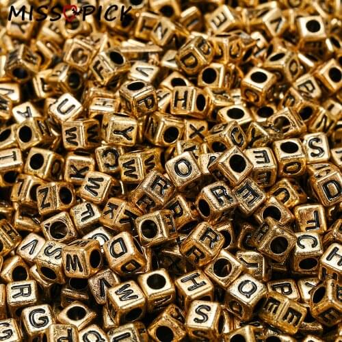 100pcs 6mm Acrylic Beads Gold Cube Alphabet Letter Loose Spacer Beads for Jewelry Making DIY Bracelet Necklace Accessories