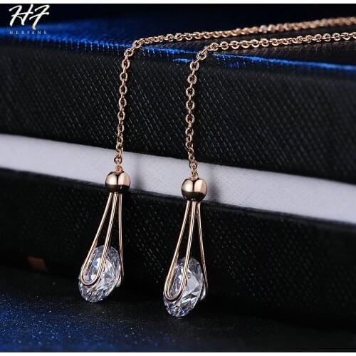 Drop Ear Line Long Earrings for Women AAA+ Cubic Zircon CZ Crystal Rose Gold Color Fashion Jewelry For Girl E683 E684