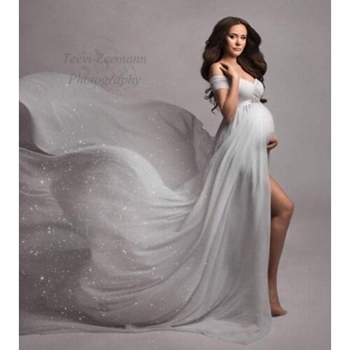 Elegant Off The Shoulder Tulle Maternity Dress To Photography Open Front Sexy See Thru Long Robes Pregnanty Women Gowns Plus Siz