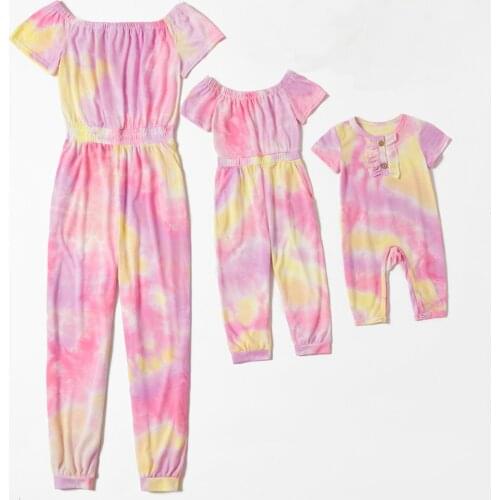 Mom And Daughter Tie-dyed Overalls Summer Clothes Family Look Matching Outfits Short Sleeve Jumpsuits Mother&Baby Girls Dress