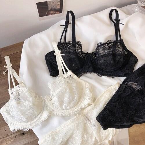 Ultra-thin lace gathered side collection bra set comfortable see-through hollow transparent bralette sexy underwire underwear