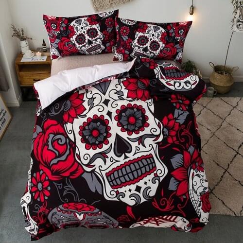 3D Skull Bedding Set Cartoon Watercolor Rose Flower Skull Quilt Cover Pillowcase Queen Size White Duvet Cover Set