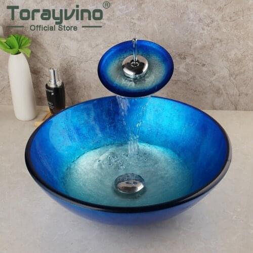Torayvino Bathroom basin Faucet Set Round Basin Sink Deck Mount Tap Sink washing basin Glass Hand-Painted Lavatory Brass tap Set
