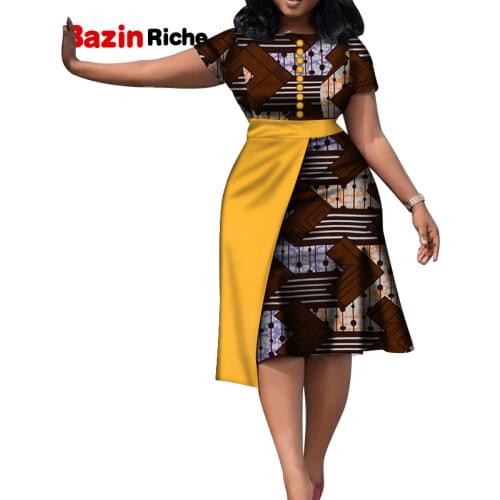 Fashion African Dresses for Women Bazin Riche African Print Cotton Midi Dress Short Sleeve Bodycon Elegant Party Clothes WY5118